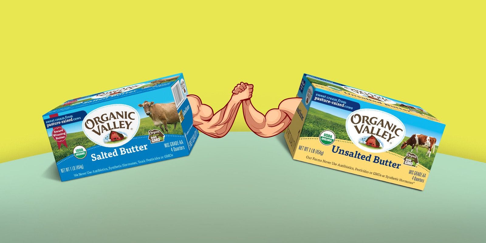 A silly graphic of salted butter and unsalted butter arm wrestling. 