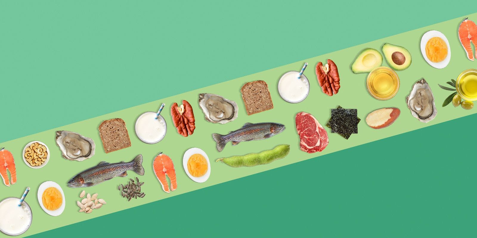 A graphic of omega-rich beans, fish, milk, bread, eggs and seeds.