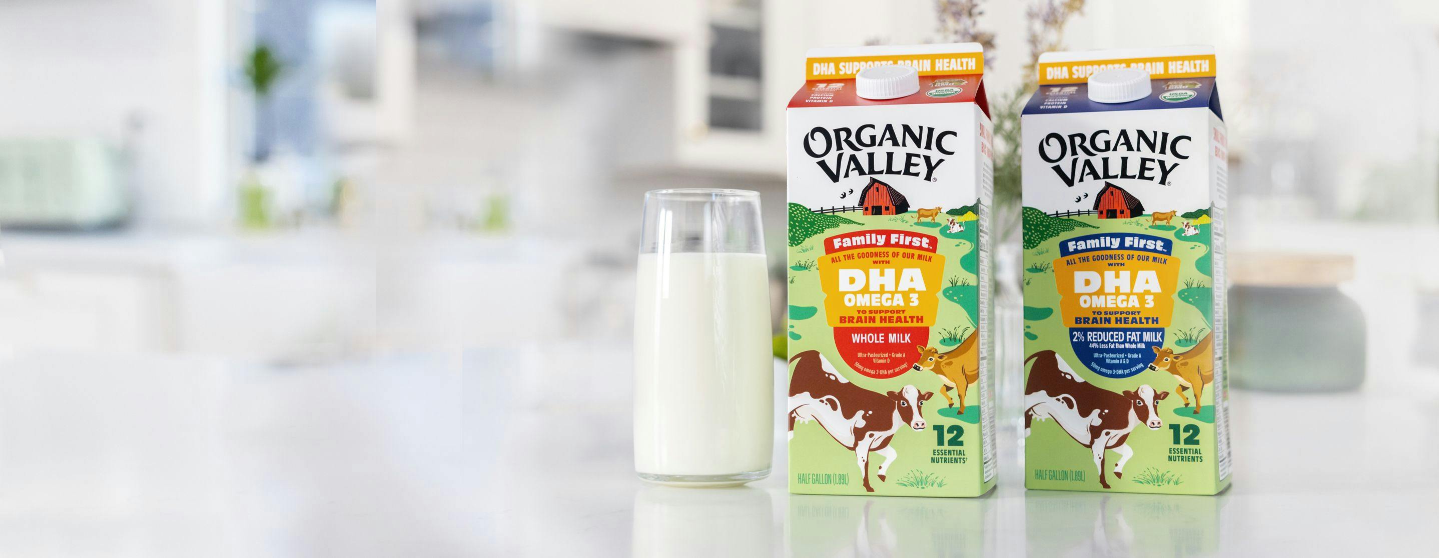 Organic Valley Family First DHA Omega 3 Milk on a table.