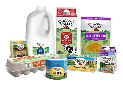 Organic Valley products, including milk, cheese, butter, eggs, ghee, half & half.