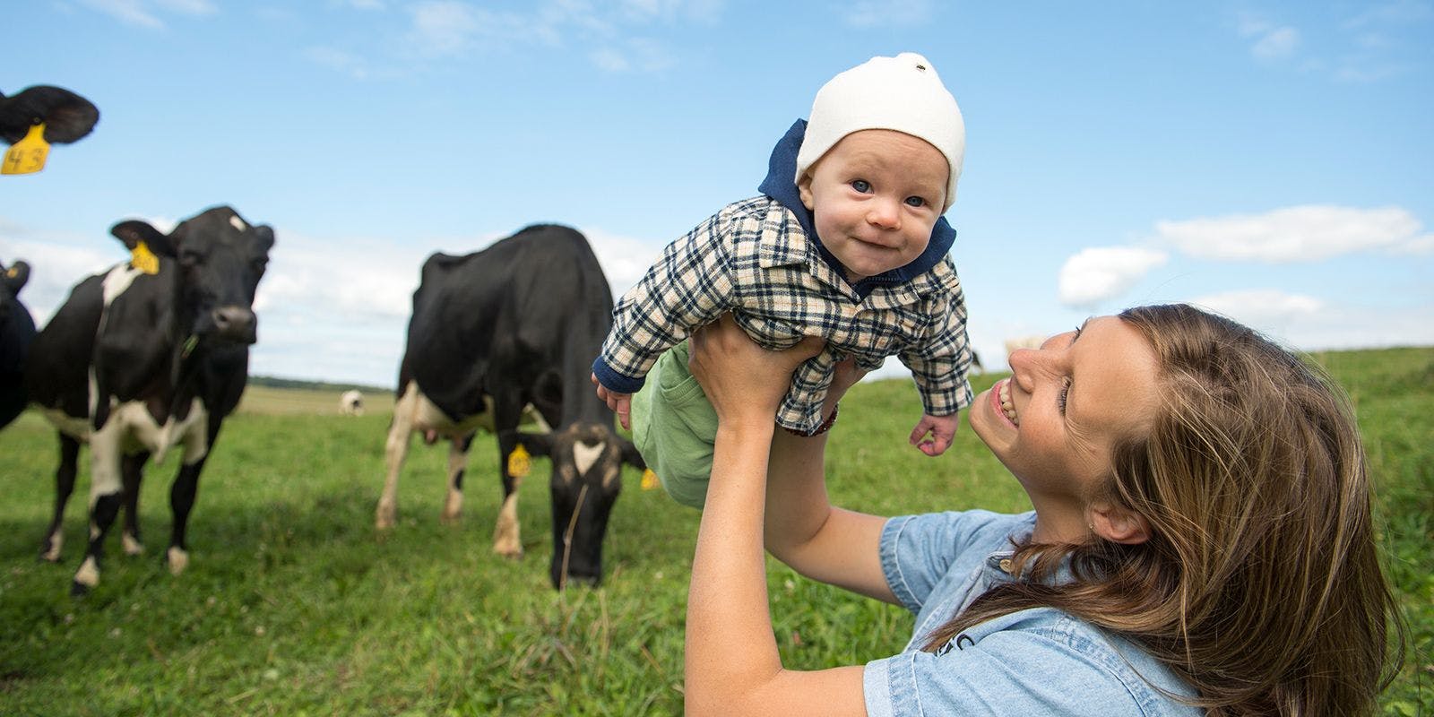 In a pasture with cows in the background, Carrie O’Reilly holds her baby over her head and smiles.