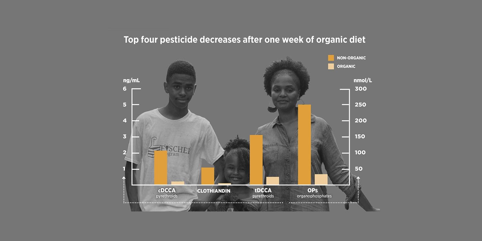 Chart of Baltimore family shows drop in pesticides with an all organic diet.