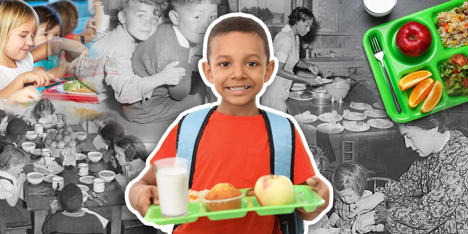 Young boy holds school lunch tray collage.