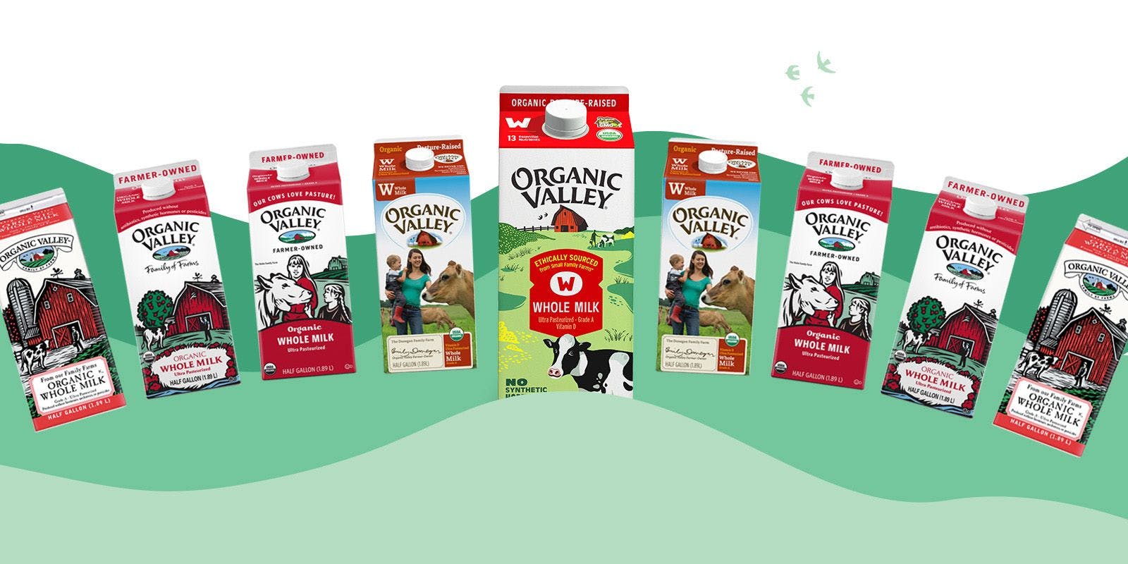A collage of Organic Valley milk cartons from various years.
