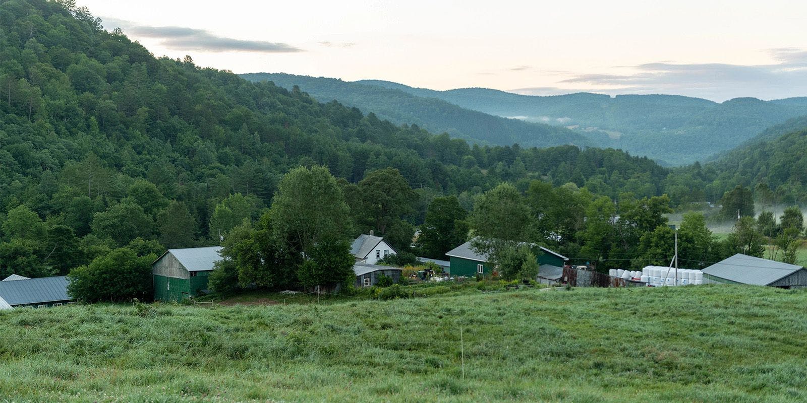 A house and barns at the Rory family organic farm in Vermont are shown from atop a hill.