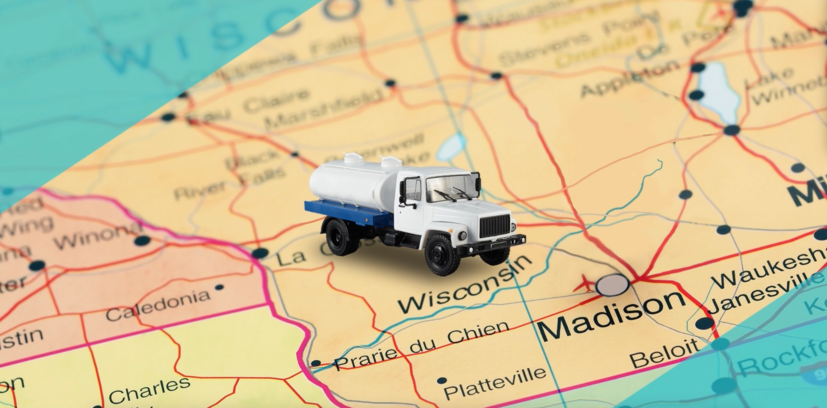 A graphic of a milk truck represents Organic Valley’s first milk shipment.