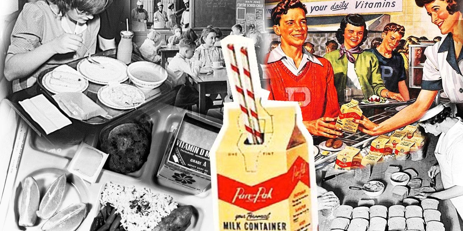 Collage showing the history of school lunches.