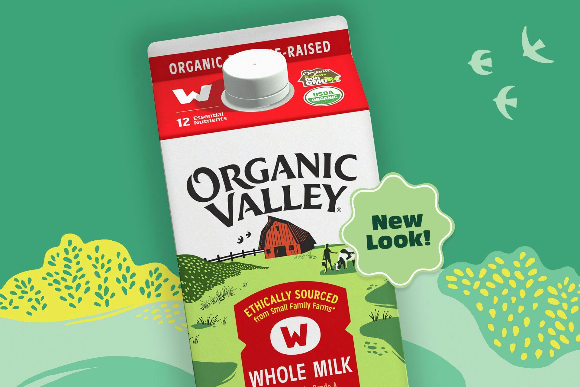 New Organic Valley Whole Milk packaging on a green illustrated background.