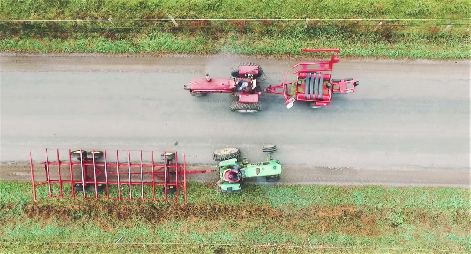 Neighbors stop their tractors to chat in Richfield Springs, New York.